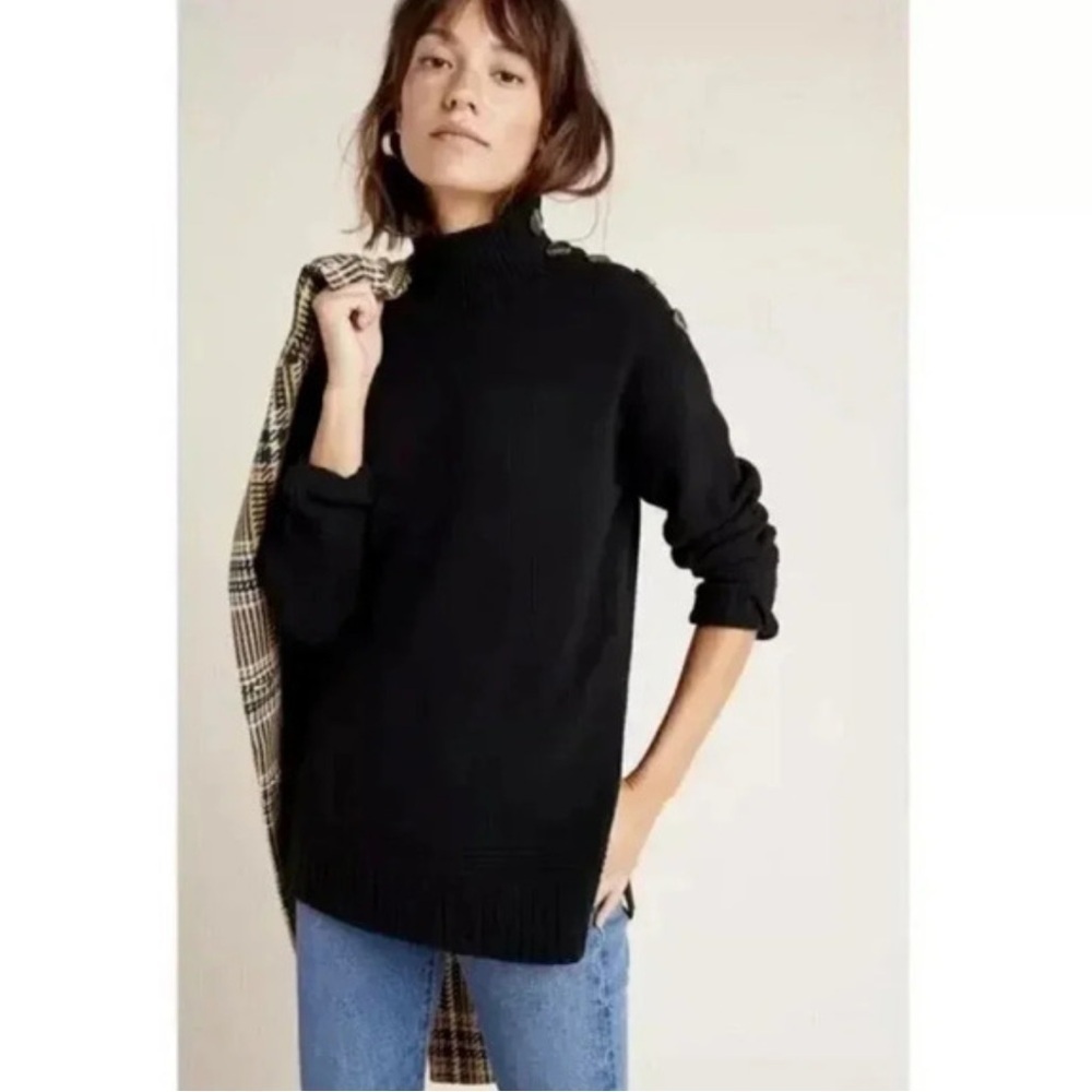 By Anthropologie Margarita Button Collar Mock Neck Sweater XS Black